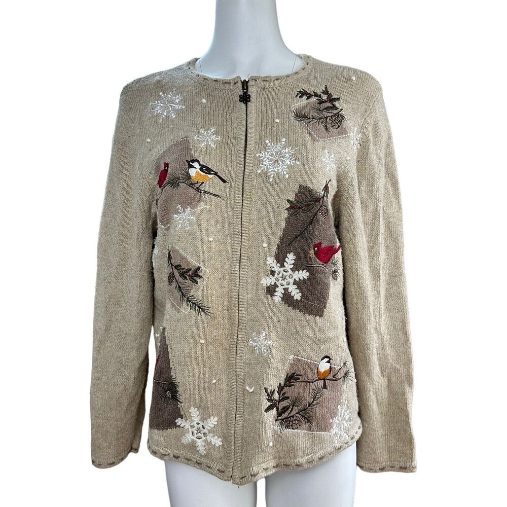 Croft & Barrow Cardigan Sweater Birds Snowflakes Winter Silk Blend Sz M
